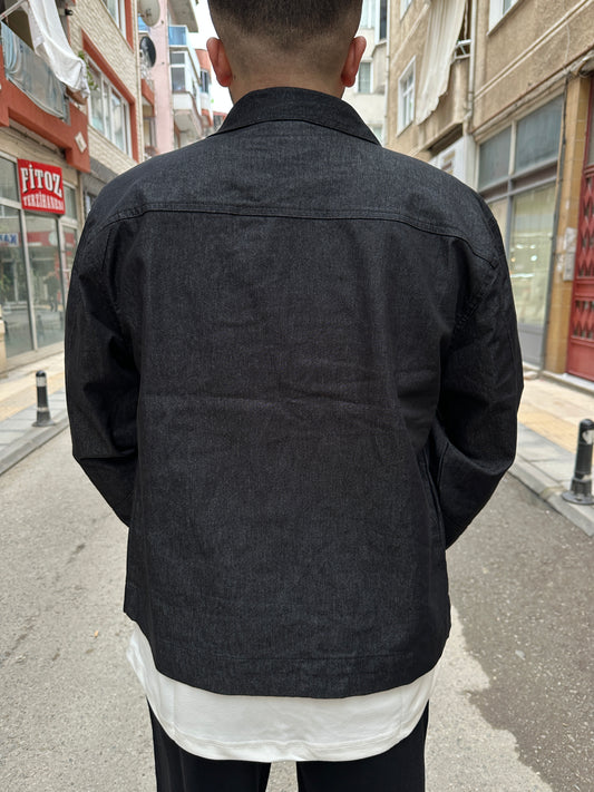 Polo Yaka Çelik Fermuarlı Siyah Ceket